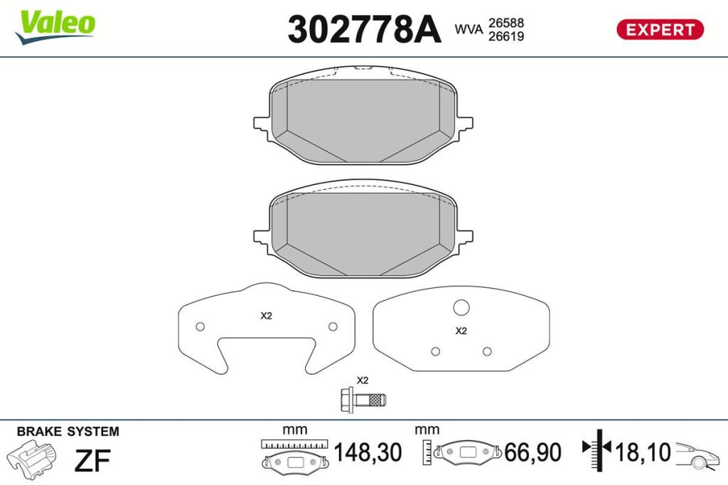 Jeu de 4 plaquettes de frein VALEO ref. 302778A